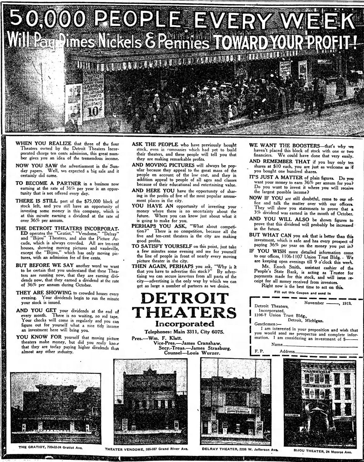 November 1912 ad Delray Theatre, Detroit